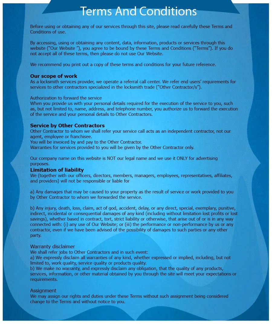 Cleveland Locksmith Master, Cleveland, OH 216-365-7069 - TermsAndConditions
